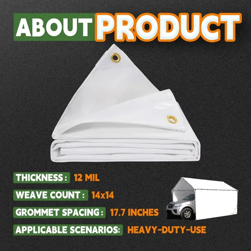 Miniatura 6 de RAINDEWAY Lona blanca resistente de 12 mil de 12 x 20 pies, resistente a los rayos UV, impermeable, resistente a la intemperie, con ojales de metal