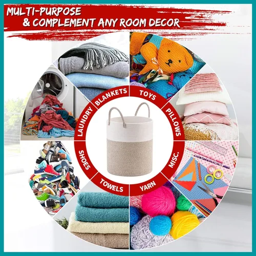 Miniatura 8 de MINTWOOD Design Cesta decorativa grande de cuerda de algodón tejida de 18 x 16 pulgadas, canasta alta para ropa sucia, canasta para sala de estar