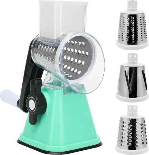 Ralladores de queso con asa, trituradora manual de queso, rallador giratorio con 3 cuchillas de tambor reemplazables para verduras, frutas,