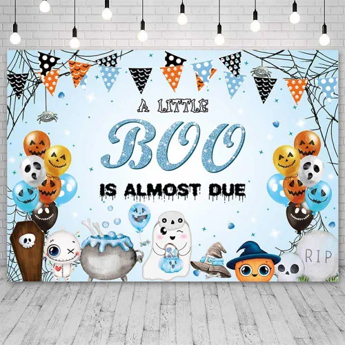 Miniatura 3 de AIBIIN Telón de fondo de Halloween de 7 x 5 pies para baby shower, con texto en inglés "A Little Boo is Almost Due Baby Shower Decoraciones" azul