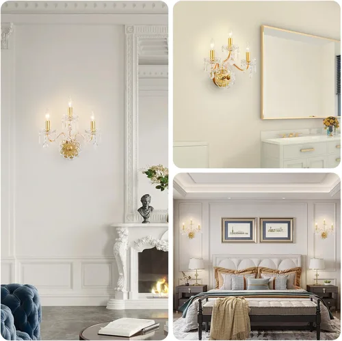 Miniatura 6 de WUZUPS Apliques de pared de 3 luces para dormitorio, sala de estar, baño, base E12, dorado