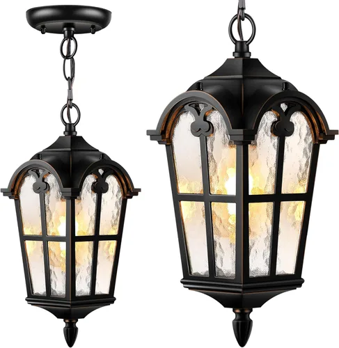 VIANIS Lámpara colgante exterior negra con adornos dorados, luces colgantes exteriores con vidrio ondulado, candelabro exterior de aluminio para