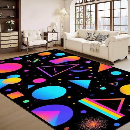 Miniatura 10 de Alfombra lavable de 8 x 10 pies para sala de estar, grande, suave, luz negra, sol, neón, reactiva a los rayos UV, luna celestial, estrella, planeta