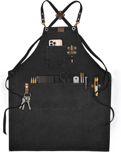 LEATHER VILLAGE Delantales de chef para hombres y mujeres con bolsillos grandes, delantal de trabajo ajustable de lona de algodón con espalda