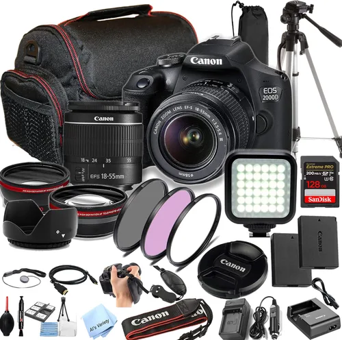 Canon EOS 2000D / Rebel T7 W/0.709-2.165 in + tarjeta de velocidad extrema de 128 GB, luz de video LED, funda de cámara, trípode, batería de
