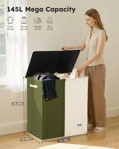Miniatura 2 de SOLEDI Cesta de lavandería grande doble con tapa, cesta de ropa plegable de 2 secciones con bolsas extraíbles, cesta de lavandería que ahorra