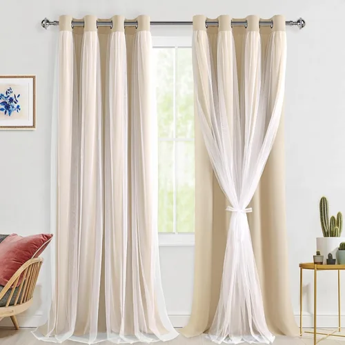 Miniatura 40 de Hiasan Cortinas opacas con superposición transparente, aislamiento térmico para mezclar y combinar de doble capa, cortinas de oscurecimiento de Beige