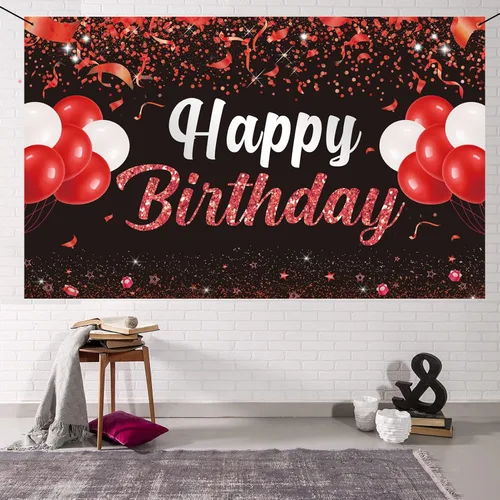 Trgowaul Fondo de pancarta de feliz cumpleaños, decoración de fiesta de cumpleaños rojo y negro, suministros de fiesta de cumpleaños, niños, hombres