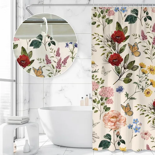 Miniatura 5 de AnyDesign Cortina de ducha de flores silvestres de 72 x 72 pulgadas, cortina de ducha de tela de mariposa retro con 12 ganchos, cortinas de baño