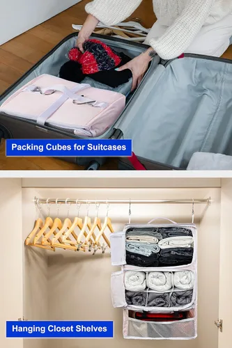 Miniatura 8 de ELEZAY Cubos de embalaje colgantes portátiles para armario, organizador de ropa de compresión plegable de 3 estantes para equipaje de mano, maleta