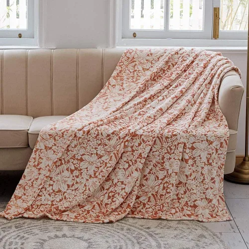 Miniatura 2 de Manta FY Fiber House, franela de lana con estampado de flores 3D Naranja
