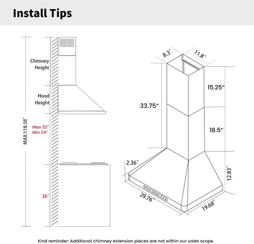 Miniatura 2 de IKTCH Campana extractora montada en la pared de 30 pulgadas, 900 CFM con canalizado/sin conductos, campana extractora de acero inoxidable