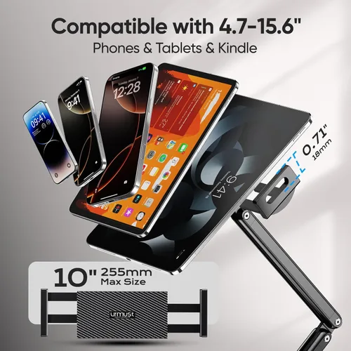 Miniatura 6 de Urmust Soporte de pared para tableta para iPad, rotación de 360°, soporte ajustable para tablet con brazo extensible de aluminio, para iPad