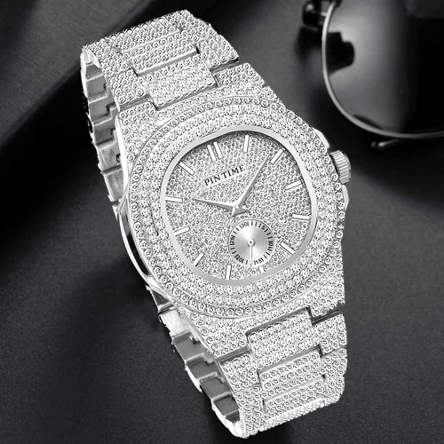 Miniatura 20 de Gosasa Reloj de pulsera unisex de cristal para hombre y mujer, reloj cubano con brillo completo, oblongo de plata/oro, reloj de pulsera de acero