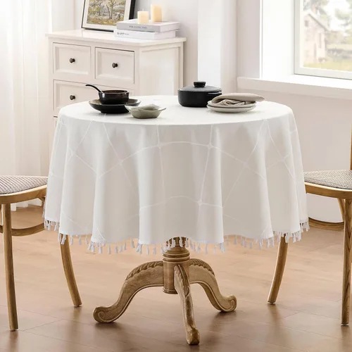 Miniatura 29 de ZeeMart - Mantel de mesa con diseño de cuadrícula boho y borlas (blanco roto, 132 cm x 132 cm), mantel de gran peso de lino a cuadros bordado