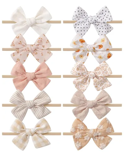 Miniatura 11 de doboi 10 diademas para bebé, lazos para el cabello, de nailon, algodón, lino, hechas a mano, accesorios para el cabello para recién nacidos, niñas