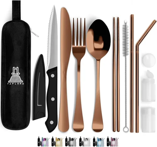 Miniatura 8 de Juego de cubiertos de viaje portátil Taplord con estuche, incluye 10 piezas de utensilios de viaje con estuche, juego de cubiertos de acero Dorado