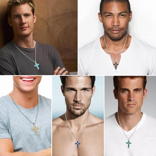 Miniatura 5 de Collar de cruz para hombre, piedras preciosas de color piedra natal de circonita cúbica, collar de acero inoxidable para hombre, cadena de 24