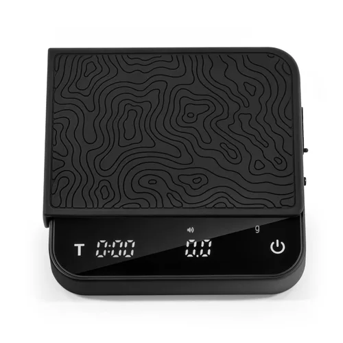Mini báscula de café con temporizador – Báscula digital de peso para barista con alfombrilla apisonadora con patrón de diseñador, precisión alta de