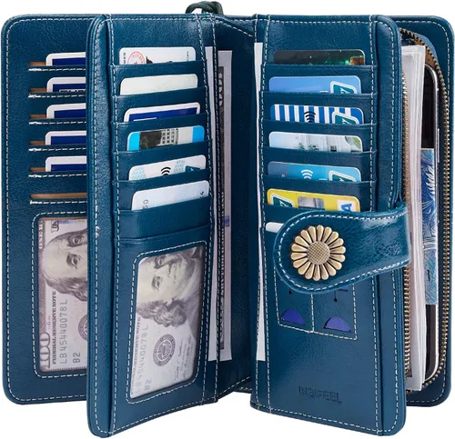 Miniatura 2 de INSIFEEL Billeteras para mujer de gran capacidad con protección RFID de cuero genuino, Azul marino
