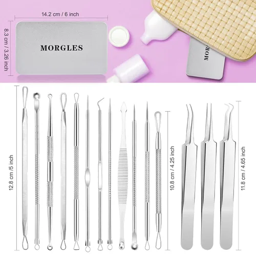 Miniatura 7 de MORGLES Kit de herramientas de 15 piezas de herramientas para reventar, removedor de espinillas de acero inoxidable, herramientas extractoras
