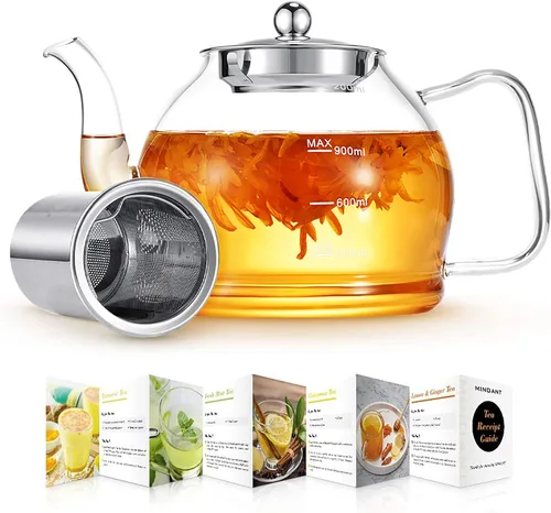 Miniatura 9 de Tetera de vidrio, tetera de 33 onzas / 33.8 fl oz con infusor extraíble, tetera transparente para té de hojas sueltas y té floreciente, hervidor