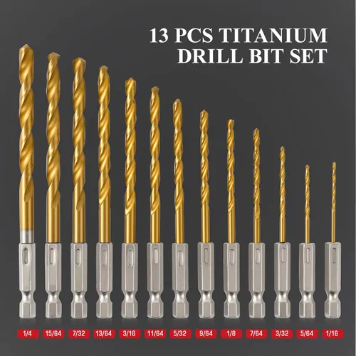 Miniatura 5 de Juego de 13 brocas HSS, juego de brocas de acero de alta velocidad con revestimiento de titanio (1/16"-1/4") para chapa, madera, plástico, diseño