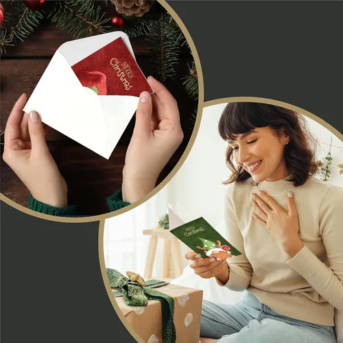Miniatura 7 de easykart labels 20 tarjetas de gnomo navideño con sobres y pegatinas de sellado, 4 diseños navideños de Santa con efecto de hoja dorada, 6.75" x