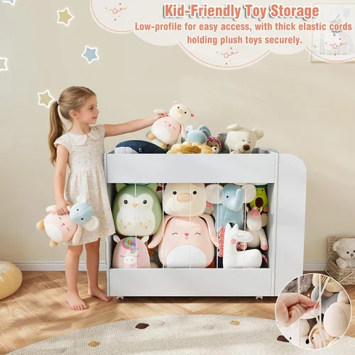 Miniatura 5 de Caja de almacenamiento de juguetes 3 en 1 con estantería y pizarra, baúl grande de juguetes de peluche con ruedas, organizador de almacenamiento