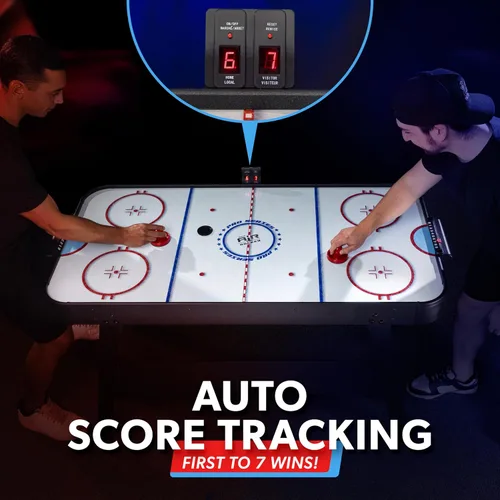 Miniatura 3 de GoSports Mesa arcade de hockey de aire de 54 pulgadas para niños y adultos, roble o negro, incluye 2 empujadores, 3 discos, motor de CA y marcador