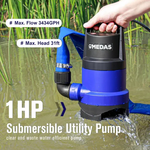 Miniatura 6 de MEDAS 1HP 3434 GPH Bomba de Sumidero Sumergible Bomba de Agua Limpia/Sucia Bomba Utilitaria Portátil con Cable de 16.4 pies para Piscina Jardín