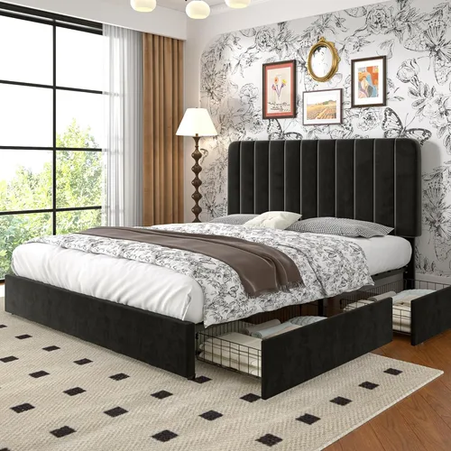 Miniatura 19 de VECELO Marco de Cama Tapizada Tamaño Full con 4 Cajones y Cabecero, Marco de Cama Plataforma de Almacenamiento de Terciopelo, Soporte de Listones