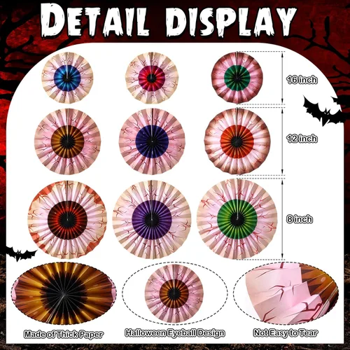 Miniatura 2 de Dispowreath Juego de 9 abanicos de Halloween para colgar en los ojos, decoración de pared de globos oculares aterradores, decoración de pared
