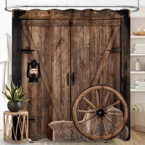 Miniatura 19 de Cortina de ducha de madera estilo granja para baño, tablero de madera marrón rústica con versículo bíblico y cruz, casa de campo rural, granero