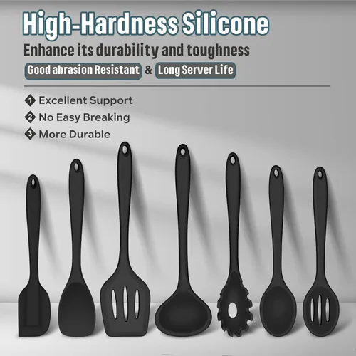 Miniatura 2 de E-far - Juego de utensilios de cocina de silicona, 7 piezas en color negro, utensilios de cocina resistentes al calor, utensilios de cocina