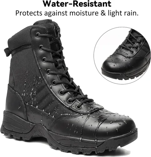 Miniatura 4 de Botas tácticas para hombre, 8 pulgadas, cremallera lateral, botas militares de combate de cuero, botas de trabajo para hombres, policía, motocicleta