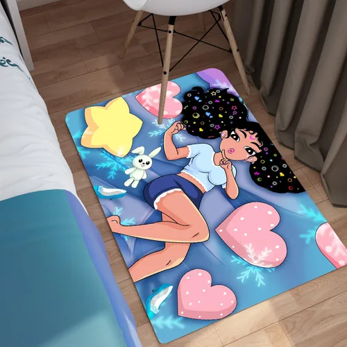 Miniatura 2 de Alfombra de área para dormitorio de niñas negras africanas, alfombra para sala de estar, sala de juegos, azul, lindo anime de dibujos animados