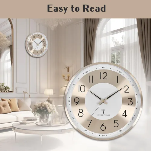 Miniatura 5 de Reloj de pared analógico atómico de 14 pulgadas, funciona con pilas, relojes de pared controlados por radio, juego automático de reloj de pared