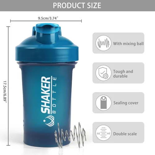 Miniatura 2 de Botella agitadora, botella agitadora pequeña de 400ml con bola mezcladora, portátil de 14oz para batidos de gimnasio, libre de BPA, 100% a prueba