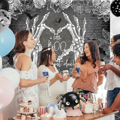 Miniatura 4 de Avezano Telón de fondo de Halloween para baby shower con texto en inglés "A Little Boo is Almost Due Baby Shower, decoración de fiesta de baby