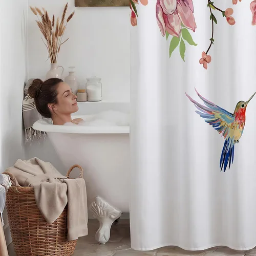 Miniatura 7 de WITHLOC Cortina de ducha sin gancho con forro a presión - Forro interior impermeable de tela, cortinas de ducha lavables de tela con flores rosadas