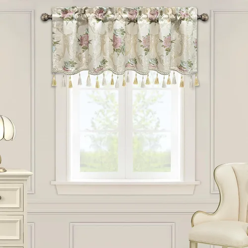 Miniatura 9 de Loom and Mill Cenefas de jacquard de lujo para ventana de sala de estar, elegante cenefa de cortina de damasco beige con ribete de cuentas, cortina