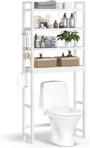 Miniatura 11 de SONGMICS Almacenamiento sobre el inodoro, organizador de baño de 3 niveles sobre el inodoro con estantes ajustables, ganchos, bambú, estantes