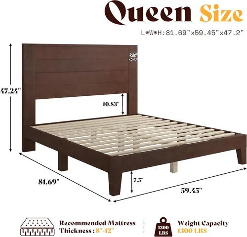 Miniatura 2 de AMERLIFE Base de cama tamaño Queen con cabecera de 48 pulgadas de alto, cama de plataforma de madera maciza moderna de mediados de siglo con sistema
