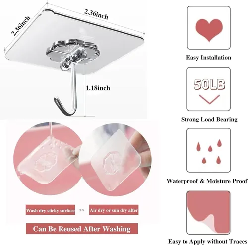 Miniatura 3 de DDMY Ganchos para colgar, paquete de 50 ganchos de pared de 50 libras (máx.), transparentes, reutilizables, impermeables, ganchos adhesivos