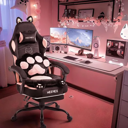 Silla de Juegos Rosa Bonita con Orejas de Gato, Soporte Lumbar con Forma de Pata y Cojín, Silla Ergonómica para Computadora con Reposapiés, Silla