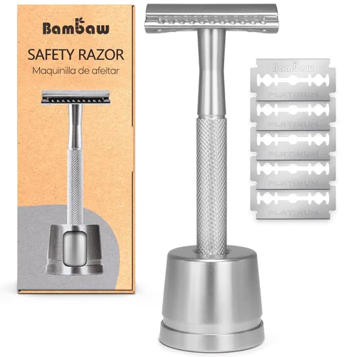Bambaw Maquinilla de Afeitar de Seguridad de Doble Filo para Hombres con Soporte, Maquinilla de Afeitar de Metal Reutilizable con 5 Cuchillas de