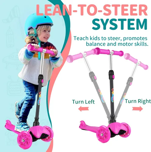 Miniatura 4 de BELEEV Patinete A1 para niños de 2 a 6 años, patinete de 3 ruedas para niños pequeños, niñas y niños, ruedas que se iluminan, altura ajustable, Rosa