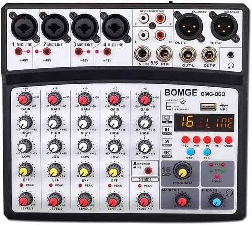BOMGE Mezclador de sonido de audio de 6 canales – Consola de mezcla de DJ digital profesional para transmisión en vivo, karaoke y grabación estéreo,