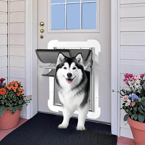 Miniatura 8 de Puerta de perro extra grande de 3 solapas para puertas con panel de bloqueo deslizante, marco de acero y túnel telescópico para mascotas, puerta